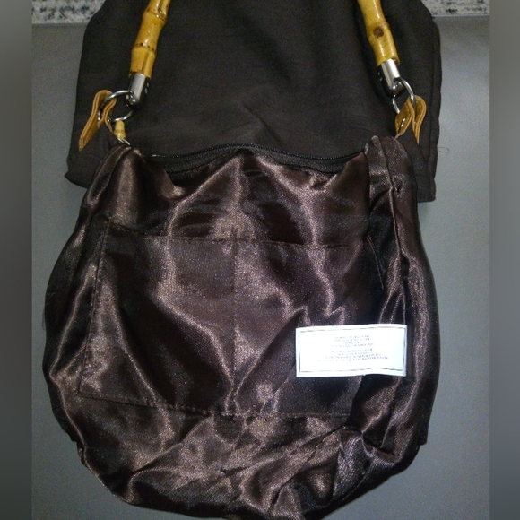 Silky Brown Satchel Purse with Bamboo Top Handle - Picture 9 of 10